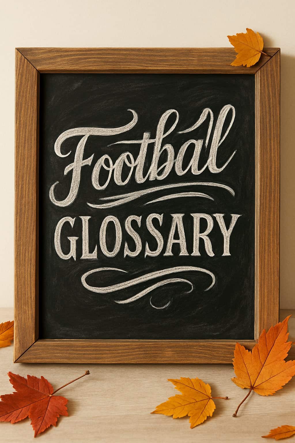 A wood-framed chalkboard sign with artistic chalk lettering, surrounded by autumn leaves and softly lit by natural light.