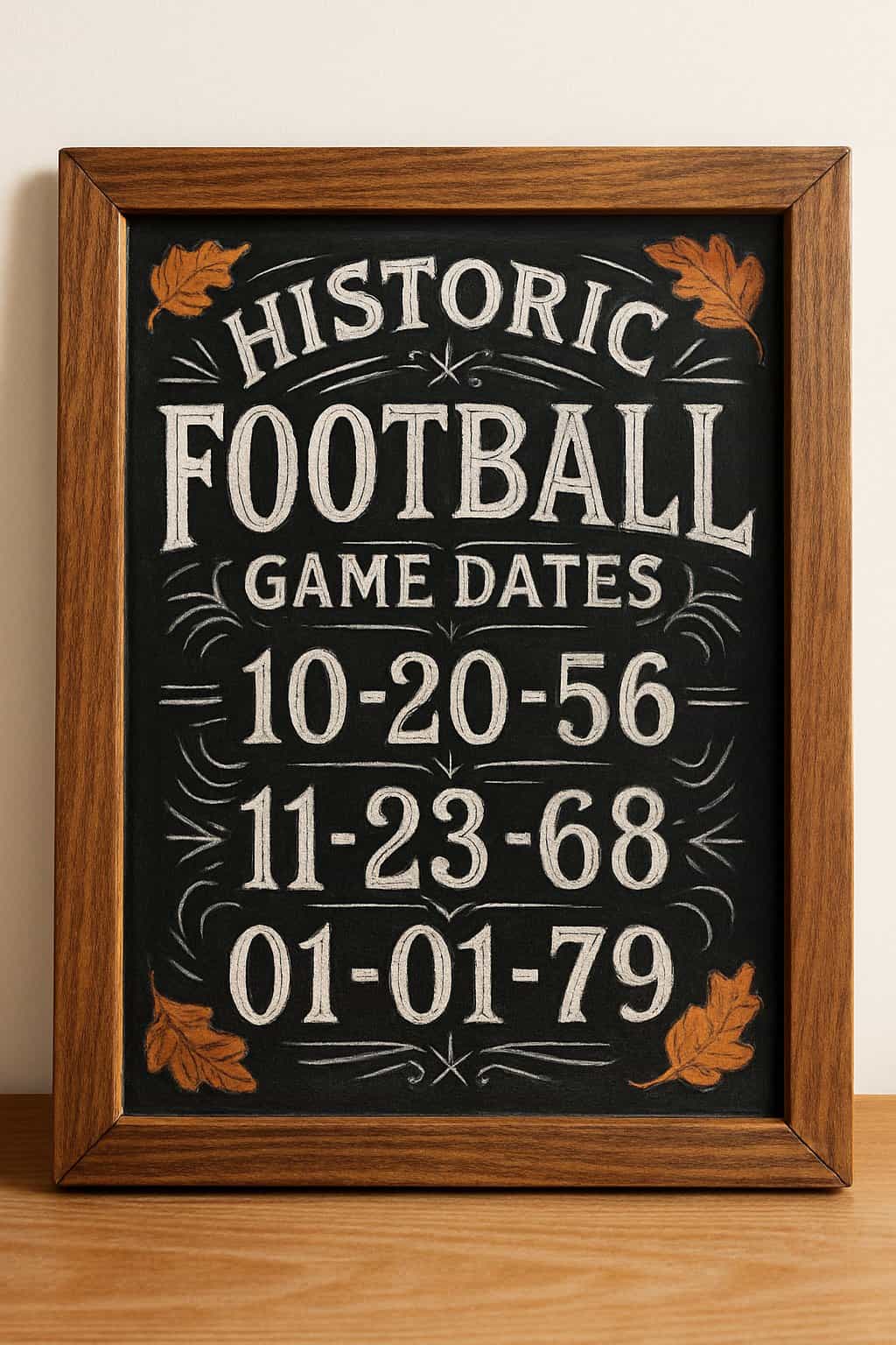 A wood framed chalkboard sign with detailed hand drawn football-themed artwork and decorative elements, set against a simple background with natural light and seasonal accents.