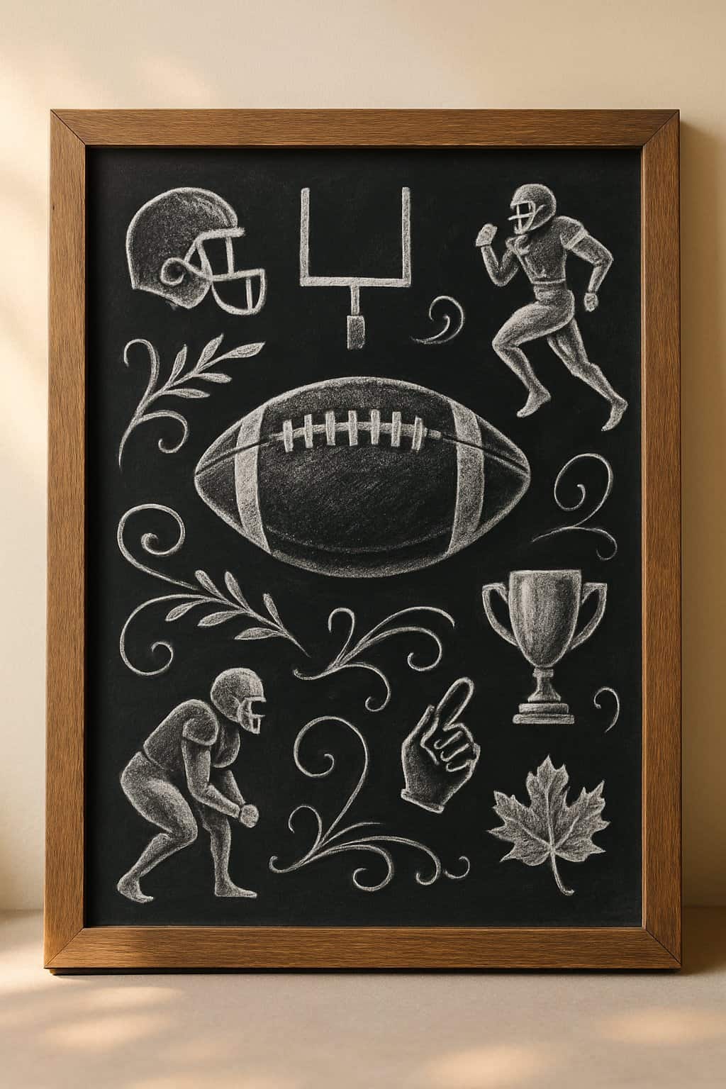 A wood-framed chalkboard displaying hand-drawn football icon silhouettes with a clean background and soft natural lighting.