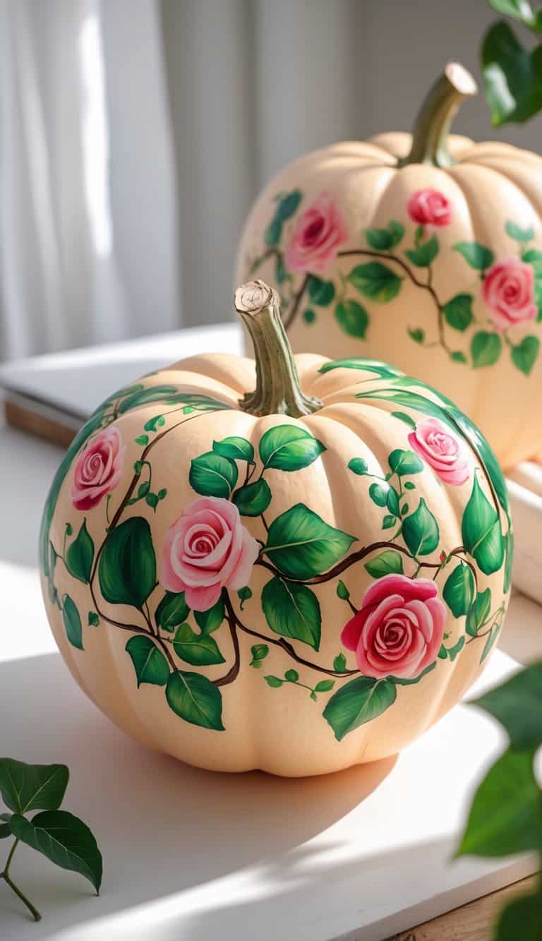 Close-up of one to two pale orange pumpkins painted with detailed ivy and rose vine designs on a clean tabletop.