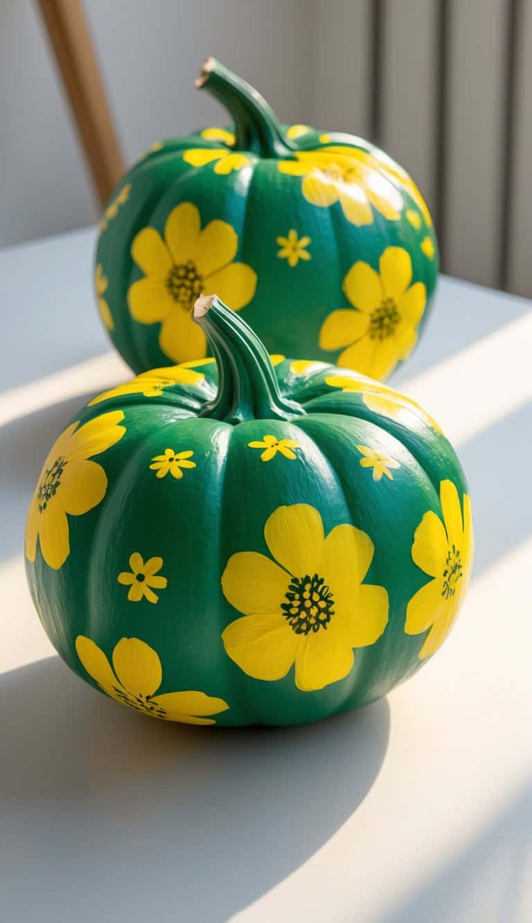 One to two green pumpkins painted with yellow buttercup flower patterns on a clean tabletop.