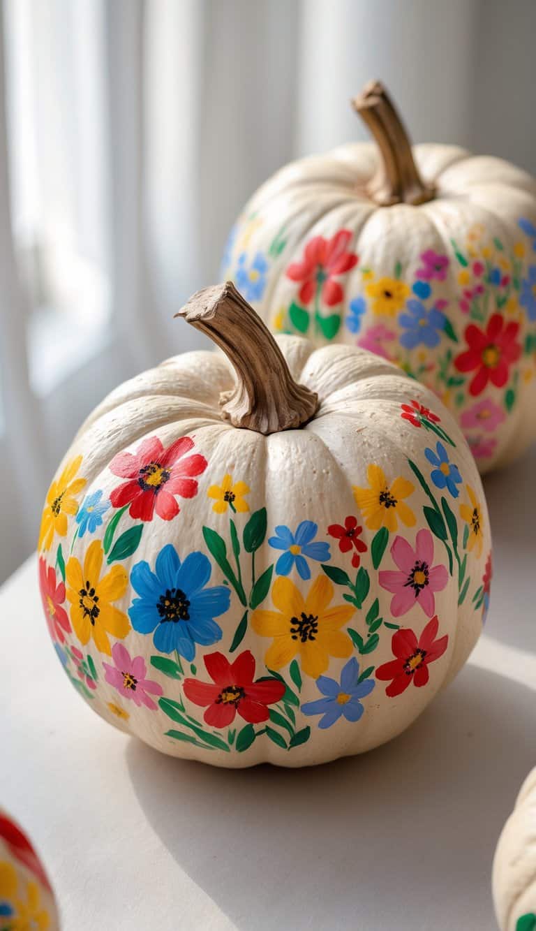 Two beige pumpkins painted with colorful wildflower designs placed on a table.