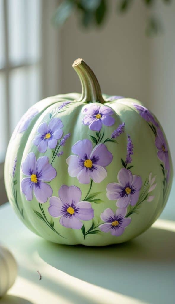 A pale green pumpkin decorated with hand-painted purple and yellow flowers sits on a light surface in soft sunlight, creating a delicate, artistic look.