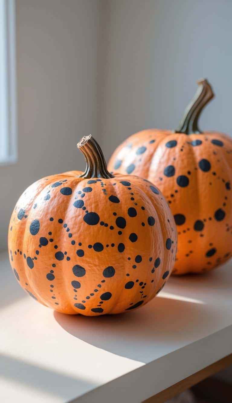 One to two orange pumpkins painted with black constellation dots on a clean tabletop.