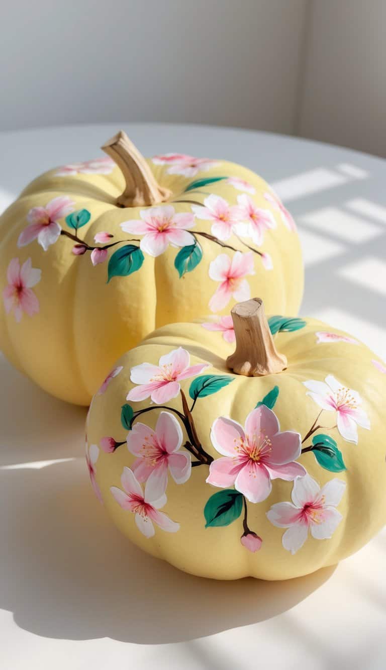 One to two soft yellow pumpkins on a tabletop, each painted with colorful cherry blossom flowers.