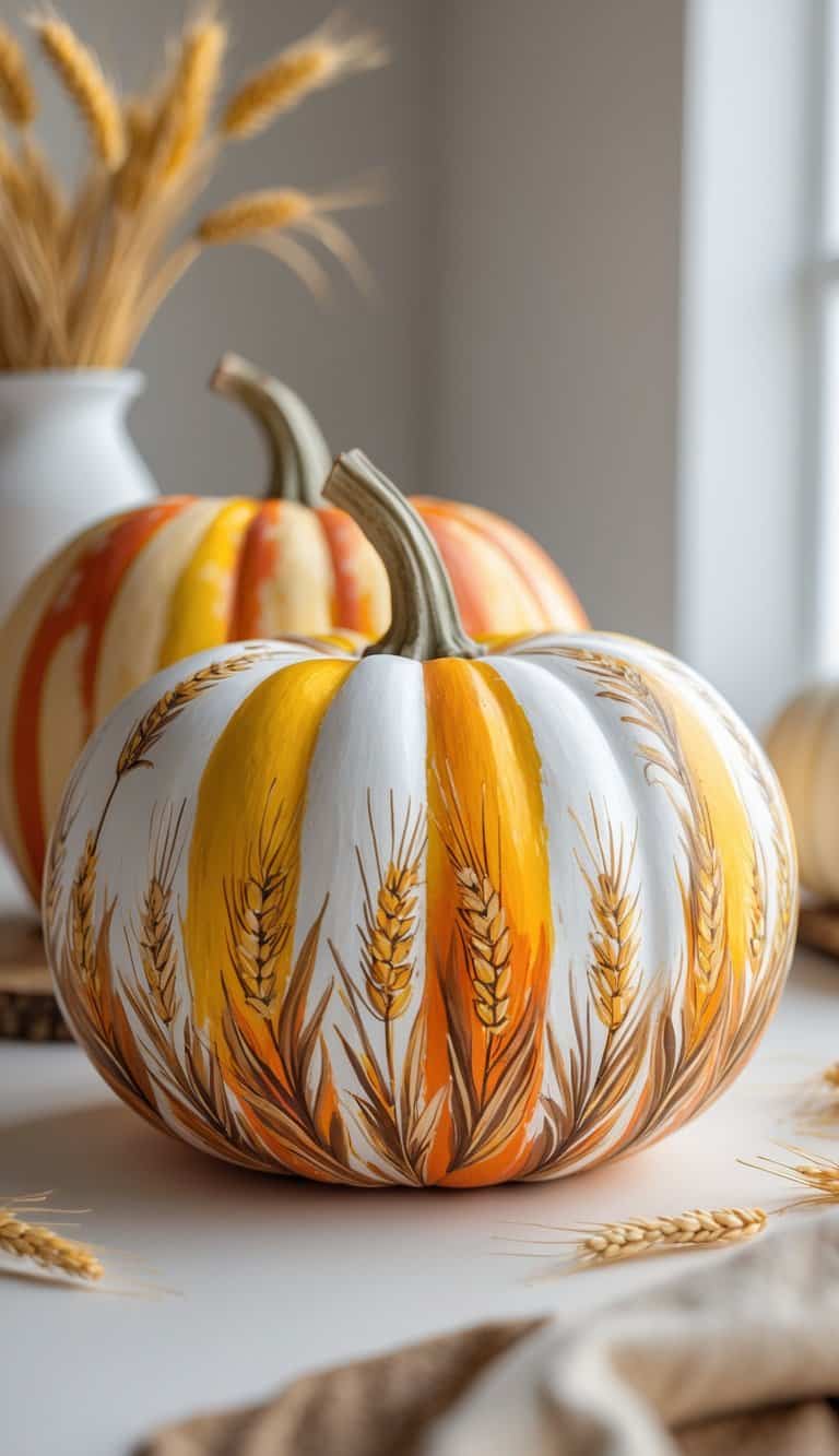 One to two pumpkins painted with colorful wheat patterns sitting on a tabletop.