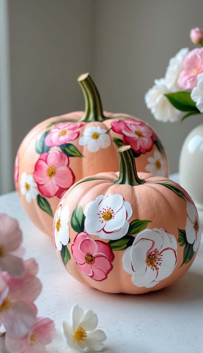 Close-up of one or two peach pumpkins painted with colorful camellia flowers on a clean tabletop.