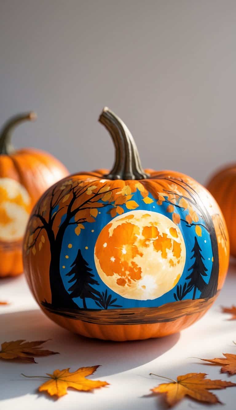 Close-up of one or two pumpkins painted with a harvest moon scene, placed on a clean tabletop.