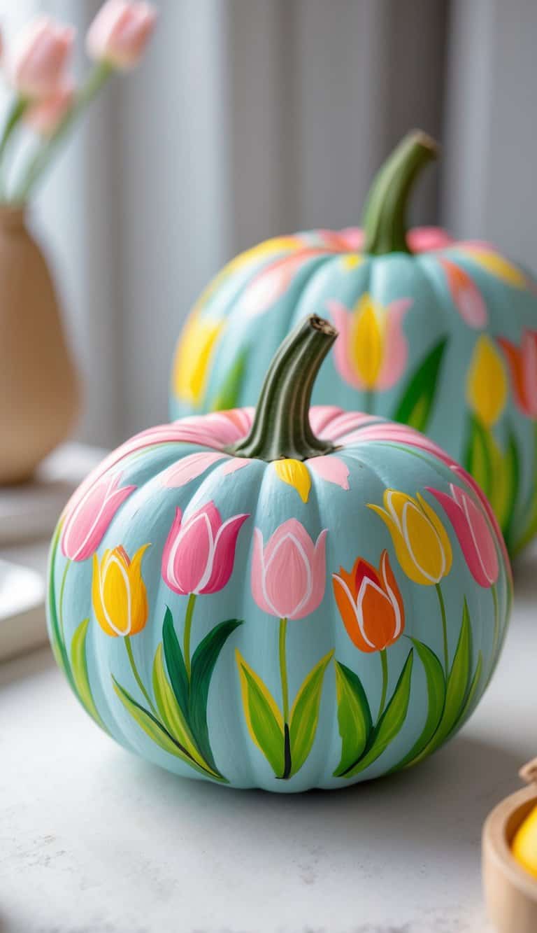 Close-up of one or two pumpkins painted with colorful tulip flowers, placed on a clean tabletop.
