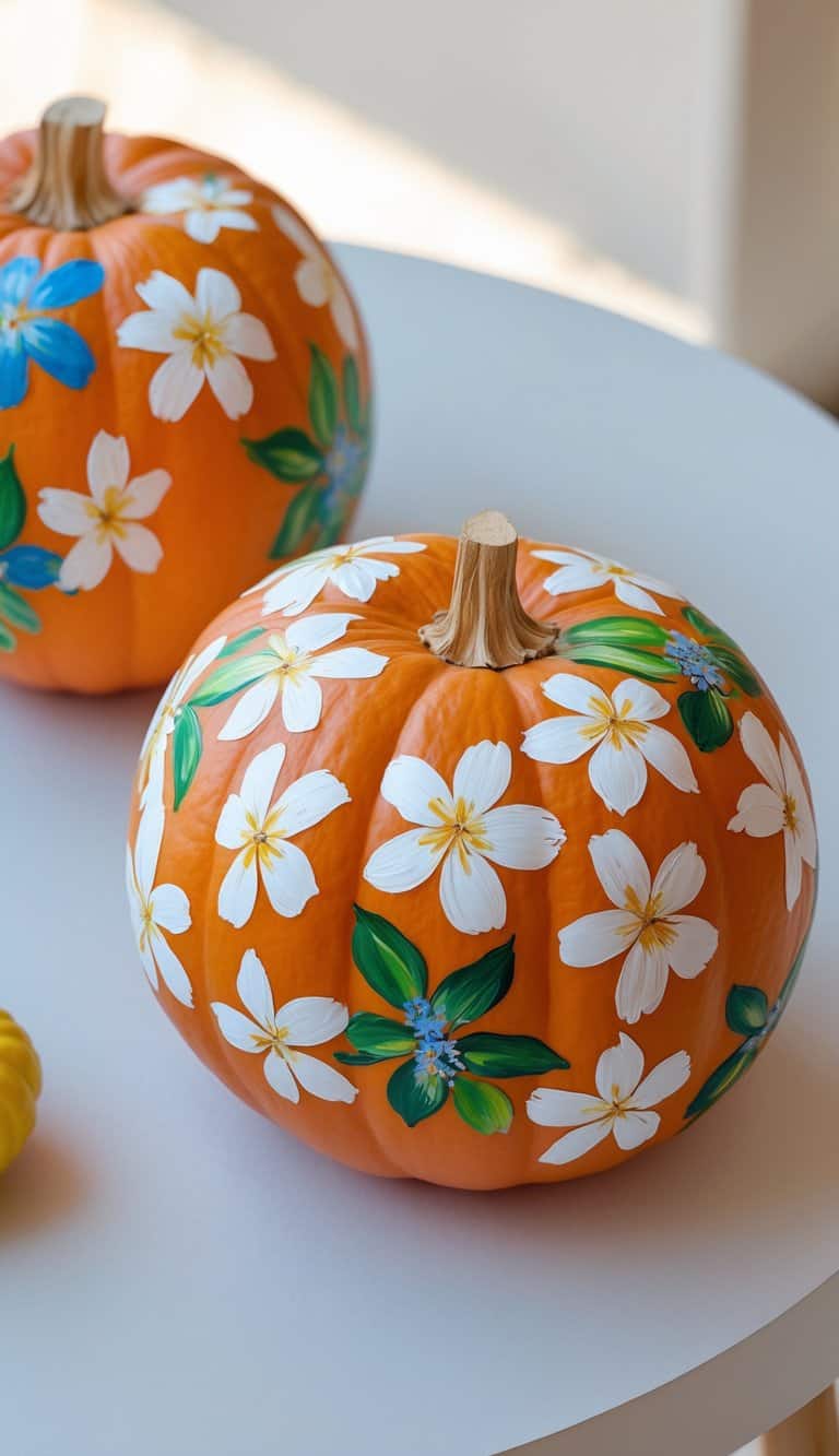 One to two pumpkins painted with white jasmine flowers placed on a tabletop in soft daylight.