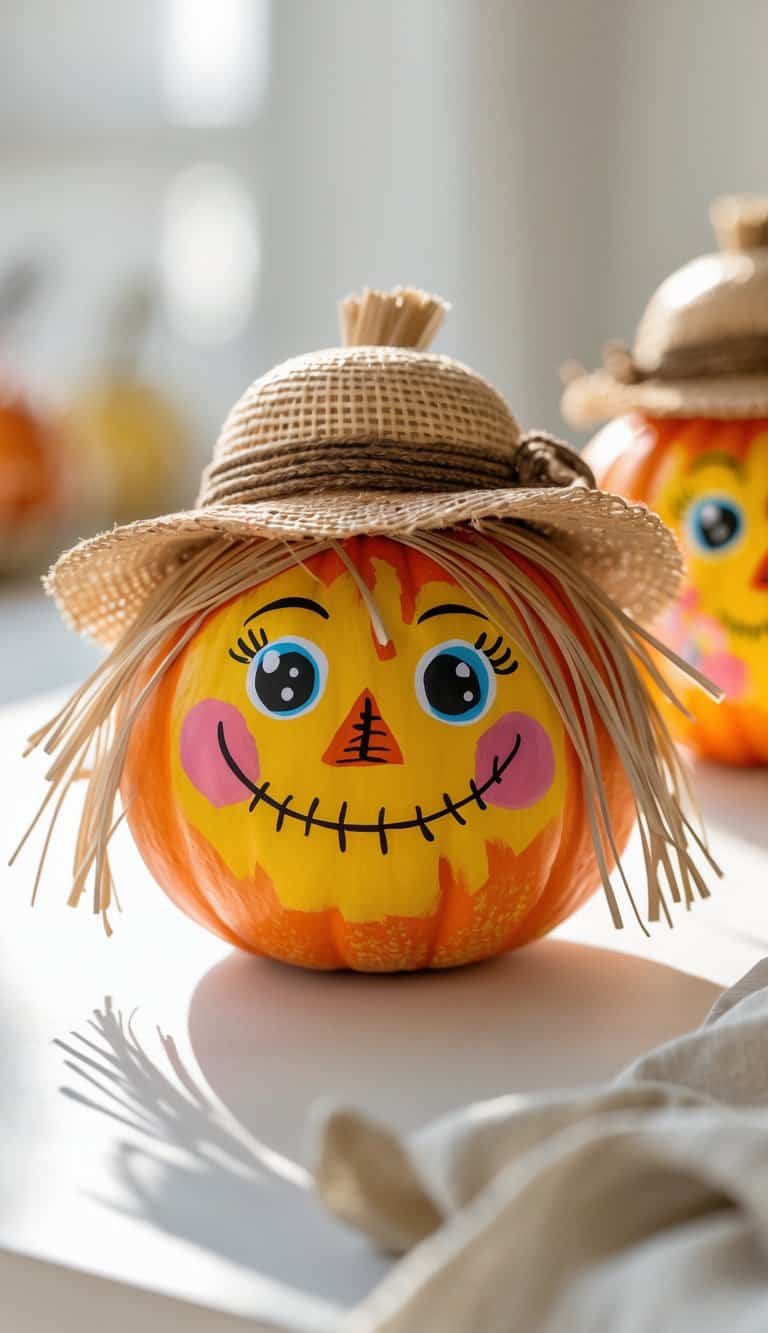 Close-up of one to two small pumpkins painted with colorful scarecrow faces on a clean tabletop.