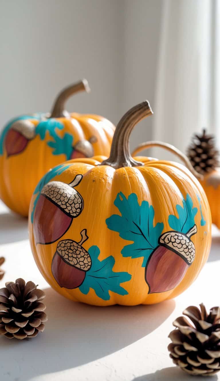 Close-up of one or two pumpkins painted with acorn and pinecone designs on a tabletop.