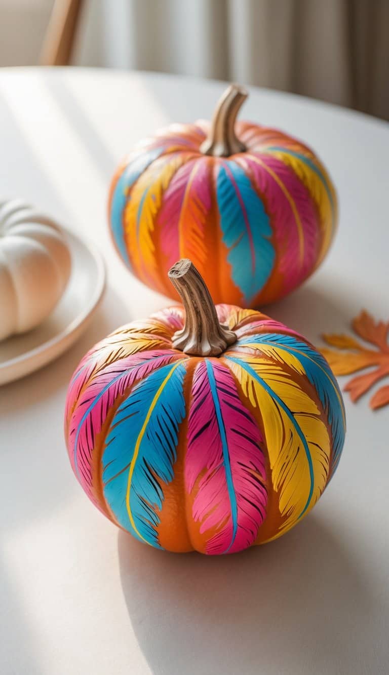 One to two pumpkins painted with colorful feather patterns placed on a clean tabletop under soft daylight.