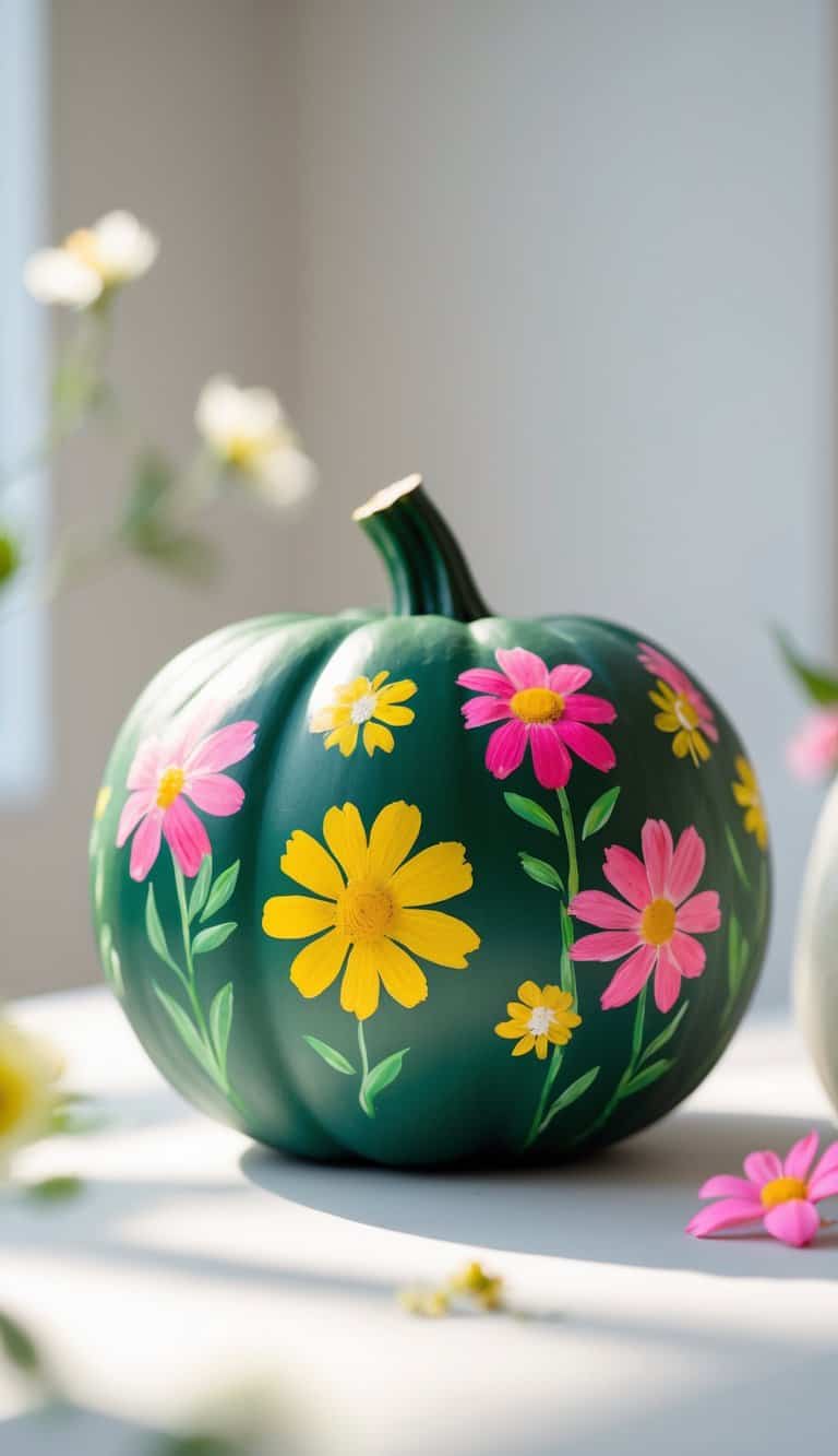 A matte green pumpkin painted with pink and yellow wildflowers on a tabletop.