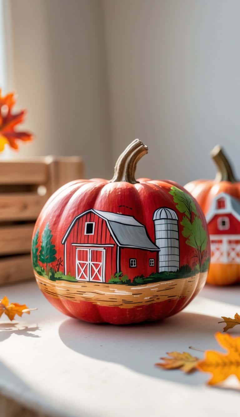 Close-up of one to two pumpkins painted with a detailed rustic barn scene, set on a tabletop with soft natural light and minimal props.