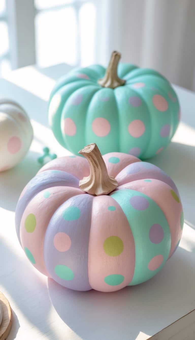 One to two pastel-colored pumpkins painted with polka dots on a clean tabletop.