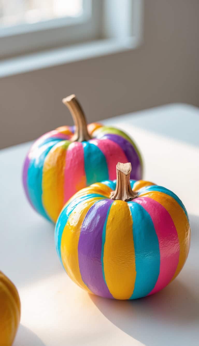 One or two small pumpkins painted with colorful rainbow stripes on a tabletop.