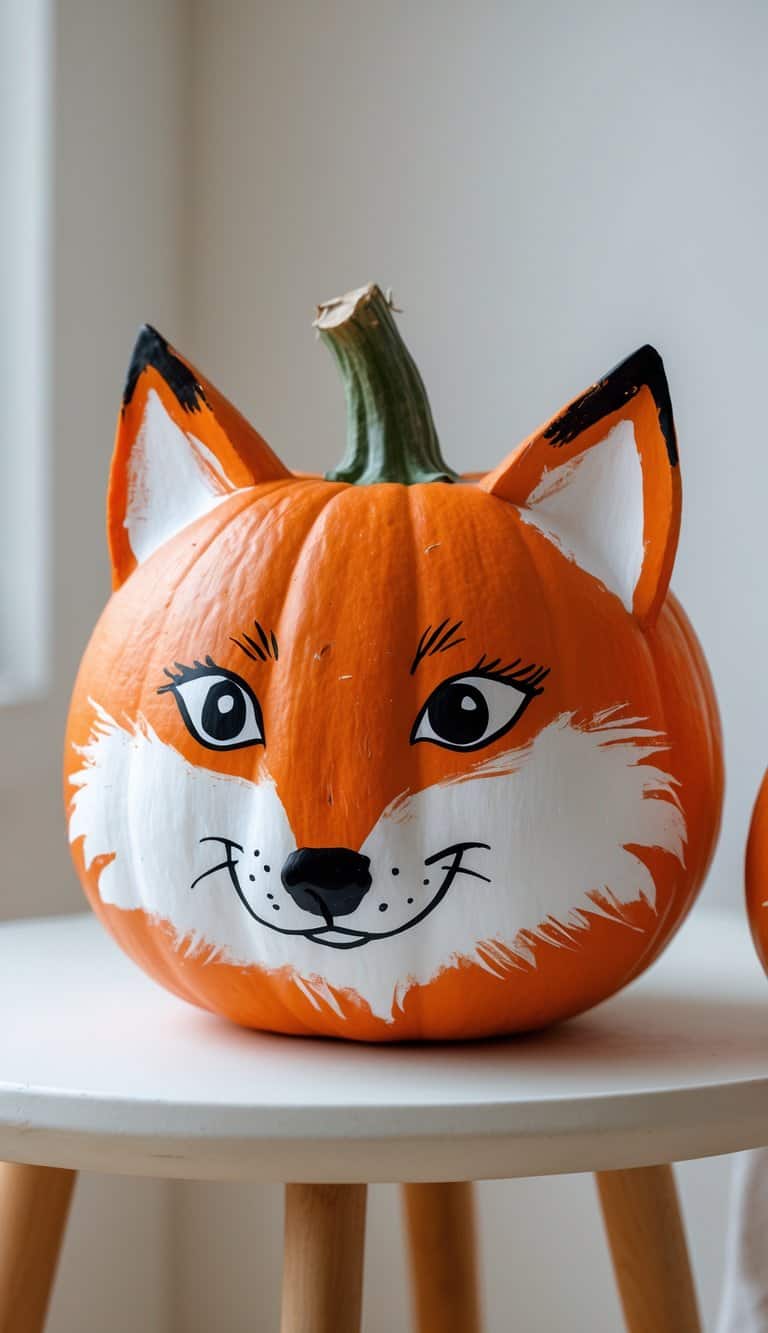Close-up of one or two pumpkins painted with a cute fox face design on a tabletop.
