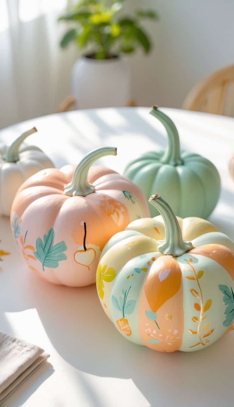 One to two painted pumpkins with pastel fall designs placed on a tabletop under soft daylight.