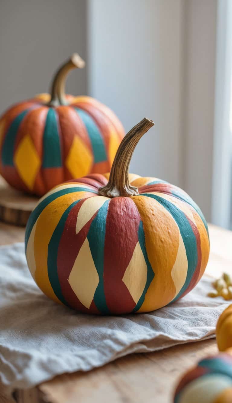 Close-up of one or two pumpkins painted with colorful geometric fall designs on a simple tabletop.