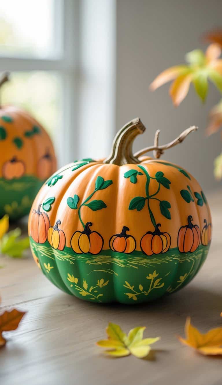 One to two pumpkins painted with colorful pumpkin patch designs on a clean tabletop.
