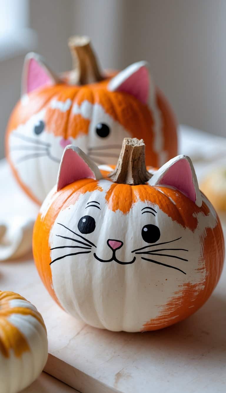 One to two small pumpkins painted with cute cat faces placed on a tabletop.