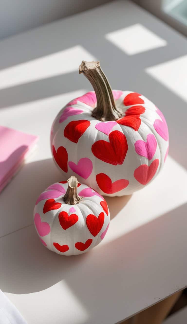 Close-up of one or two small pumpkins painted with colorful heart designs on a tabletop.