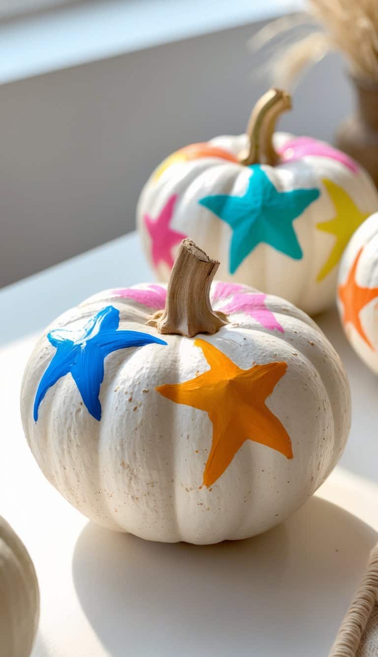 One to two small pumpkins painted with colorful star designs on a clean tabletop.