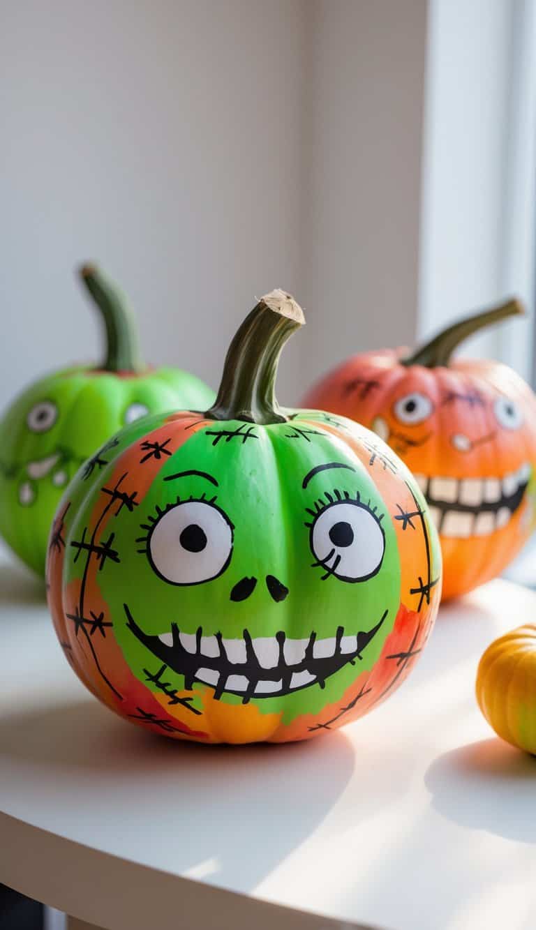 One or two painted pumpkins on a table, decorated with colorful zombie faces and stitched scars.
