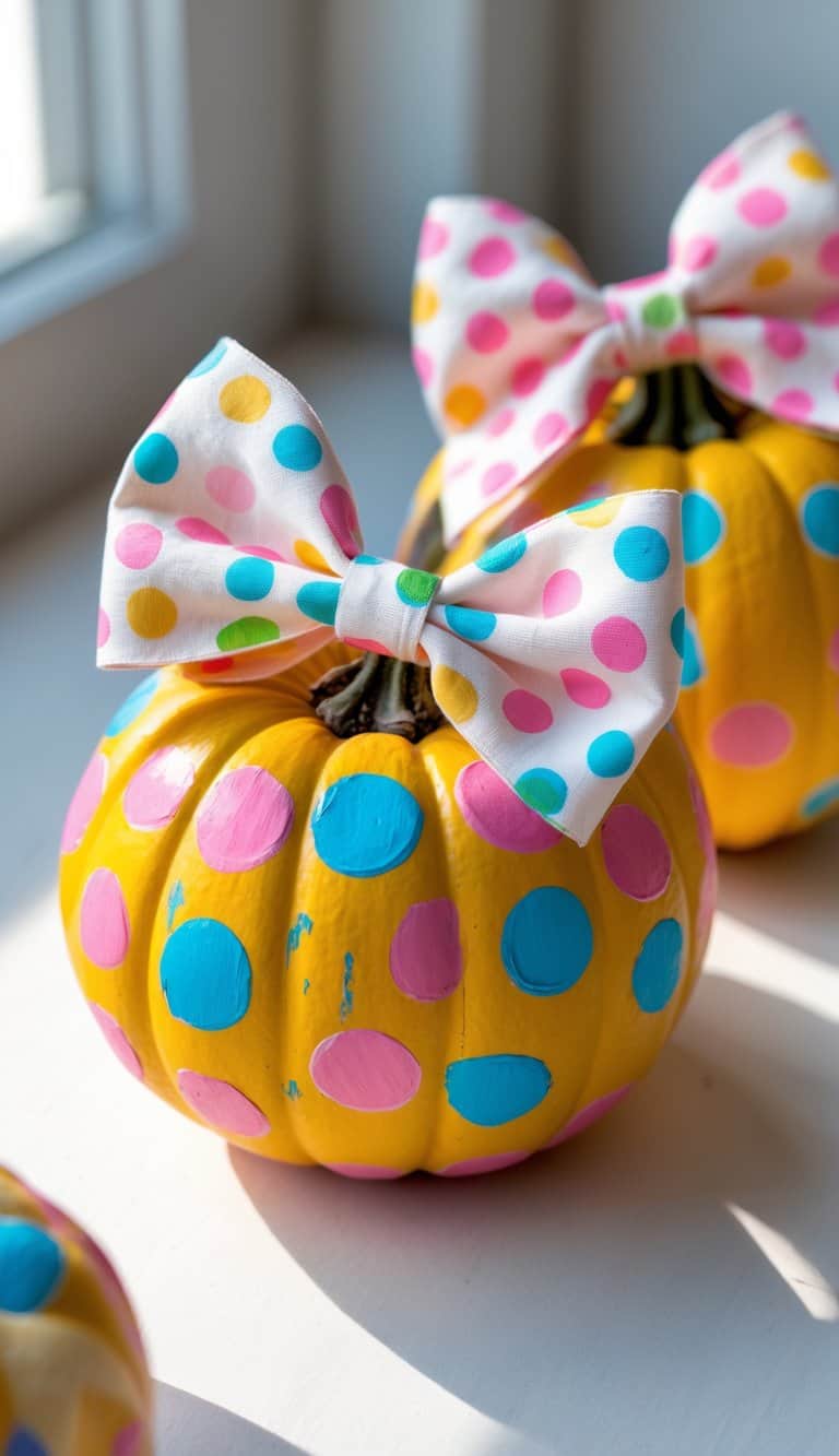 Close-up of one to two small painted pumpkins with colorful polka dot designs and bows on a plain tabletop.