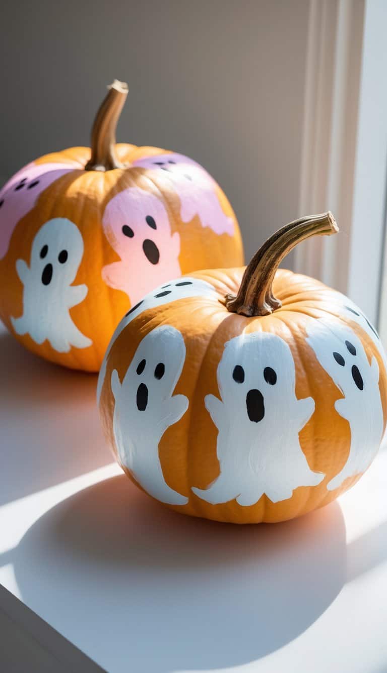 One to two pumpkins painted with colorful ghost silhouettes on a clean tabletop under soft daylight.