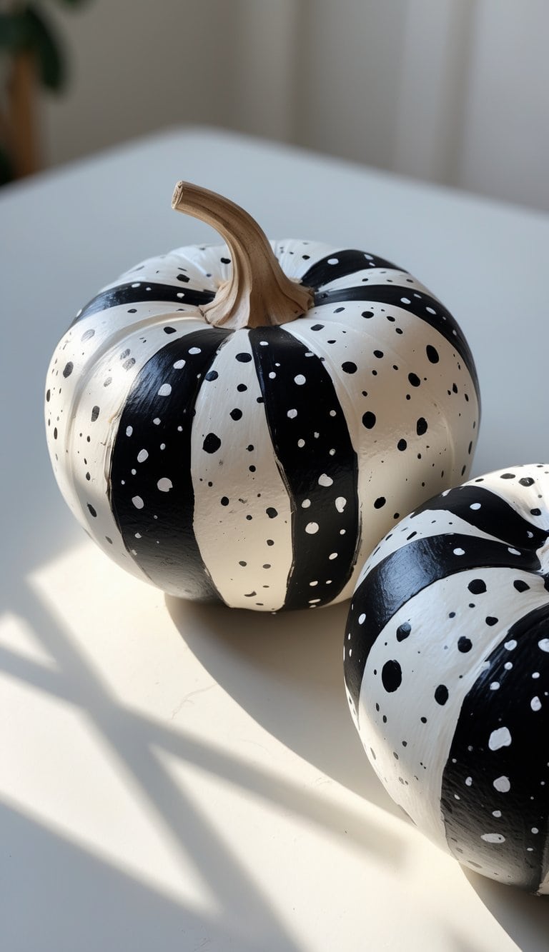 One to two pumpkins painted with black and white cookies and cream patterns on a clean tabletop.
