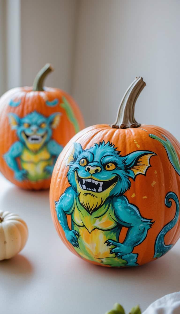 One to two pumpkins painted with colorful gargoyle designs placed on a tabletop with soft daylight and a simple background.