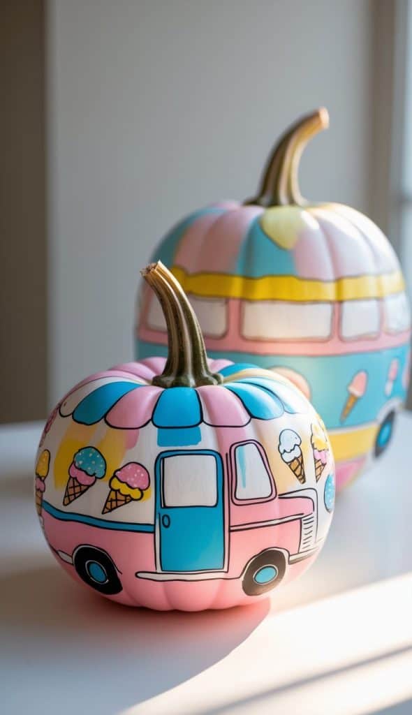 Two pumpkins are painted with pastel colors to look like ice cream trucks, featuring windows, wheels, and illustrations of ice cream cones under a striped awning, sitting on a white surface in sunlight.