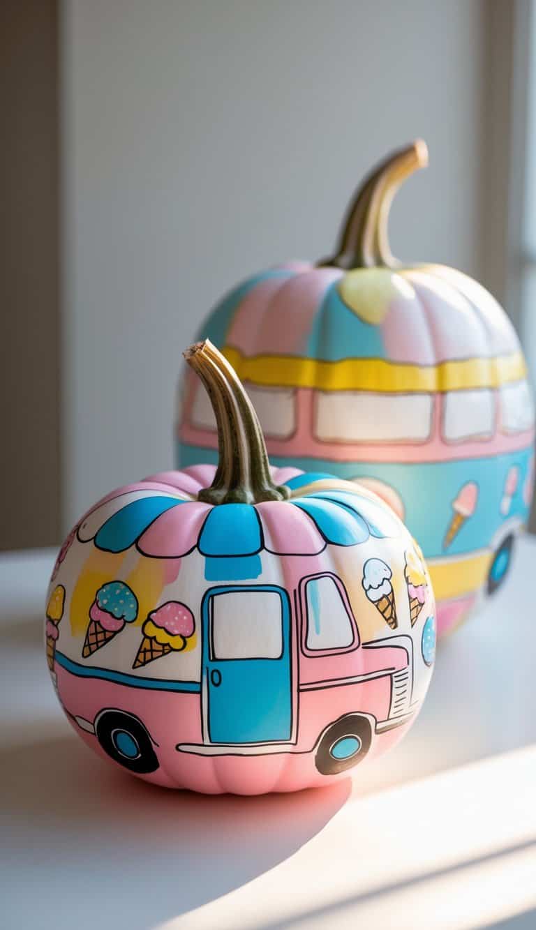 Close-up of one to two pumpkins painted with colorful ice cream truck designs, placed on a clean tabletop.