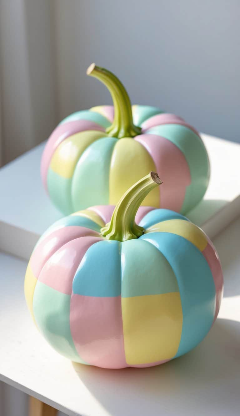 Close-up of one to two pumpkins painted with colorful geometric blocks in pastel shades on a clean tabletop.