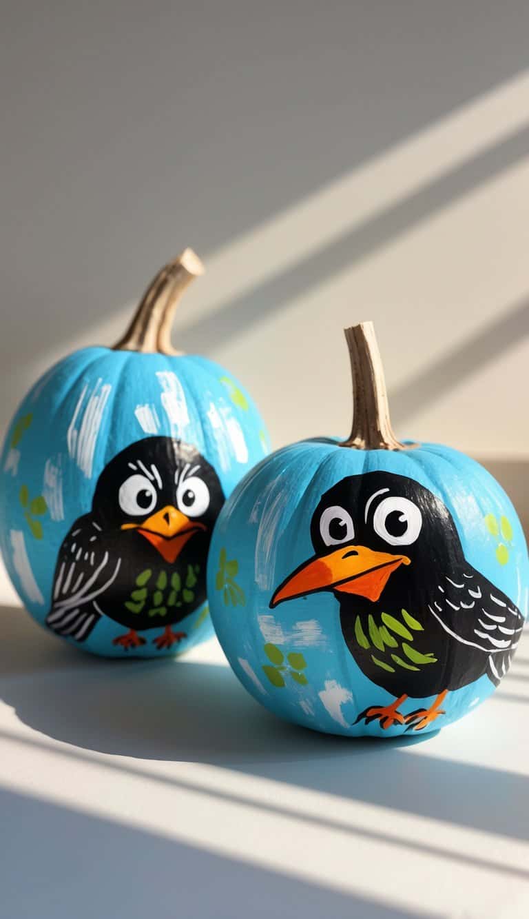 Close-up of one or two small pumpkins painted with a colorful crow design on a clean tabletop.