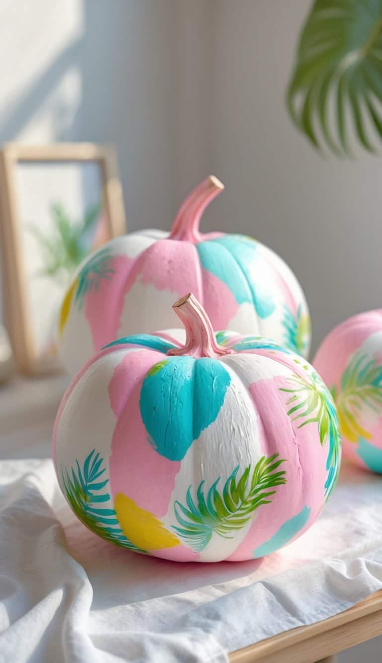 Close-up of one or two pumpkins painted with colorful tropical designs on a clean tabletop.