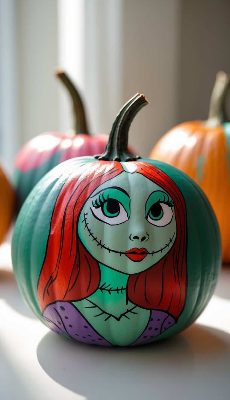 Close-up photo of one or two pumpkins painted with red hair and green skin designs, placed on a tabletop with soft daylight.