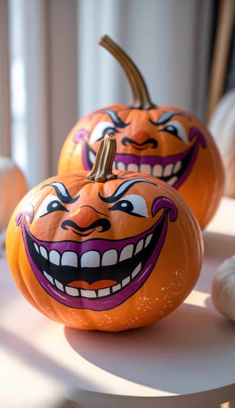 Close-up of one to two painted pumpkins with colorful, playful faces on a clean tabletop.