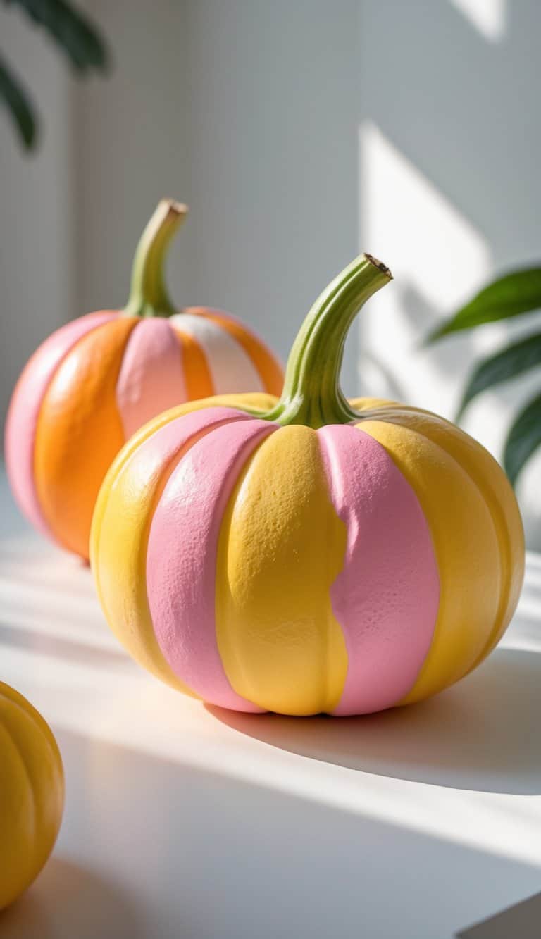 One or two brightly painted pumpkins on a tabletop with vibrant mango sorbet ice cream colors and playful designs.