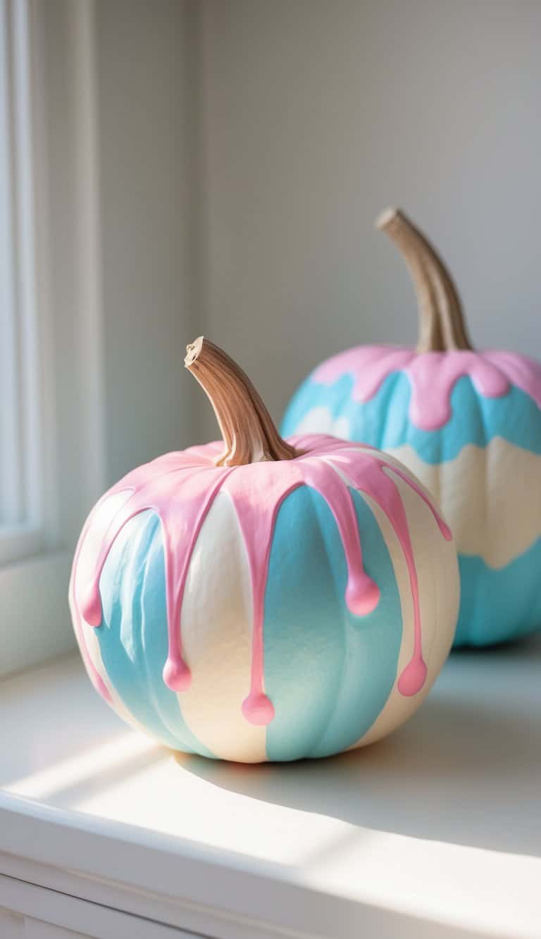 Close-up of one to two pumpkins painted with colorful bubblegum ice cream cone designs on a clean tabletop.