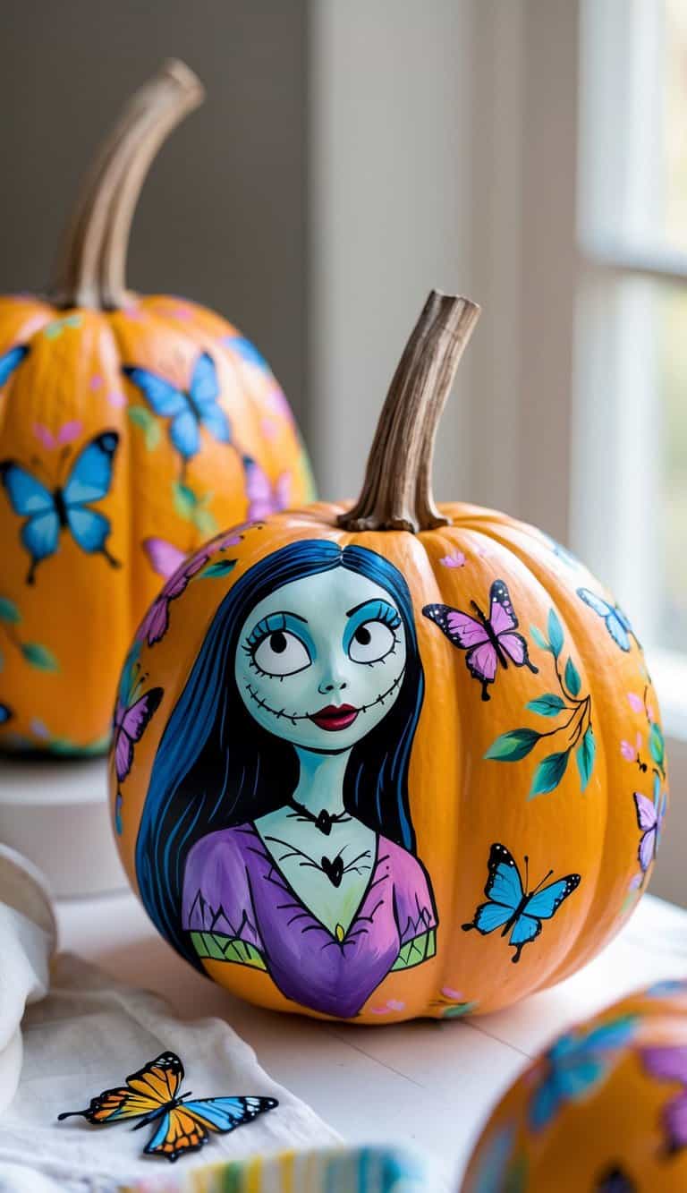 Close-up of one to two pumpkins painted with colorful designs and butterfly accents on a tabletop.