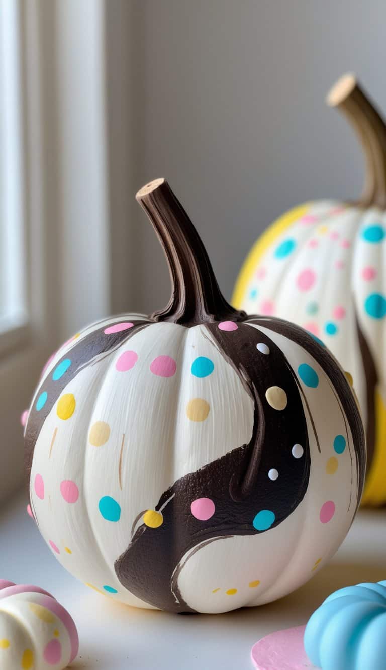 Close-up of one to two painted pumpkins on a tabletop, decorated with cookies and cream inspired swirls and colorful sprinkles.