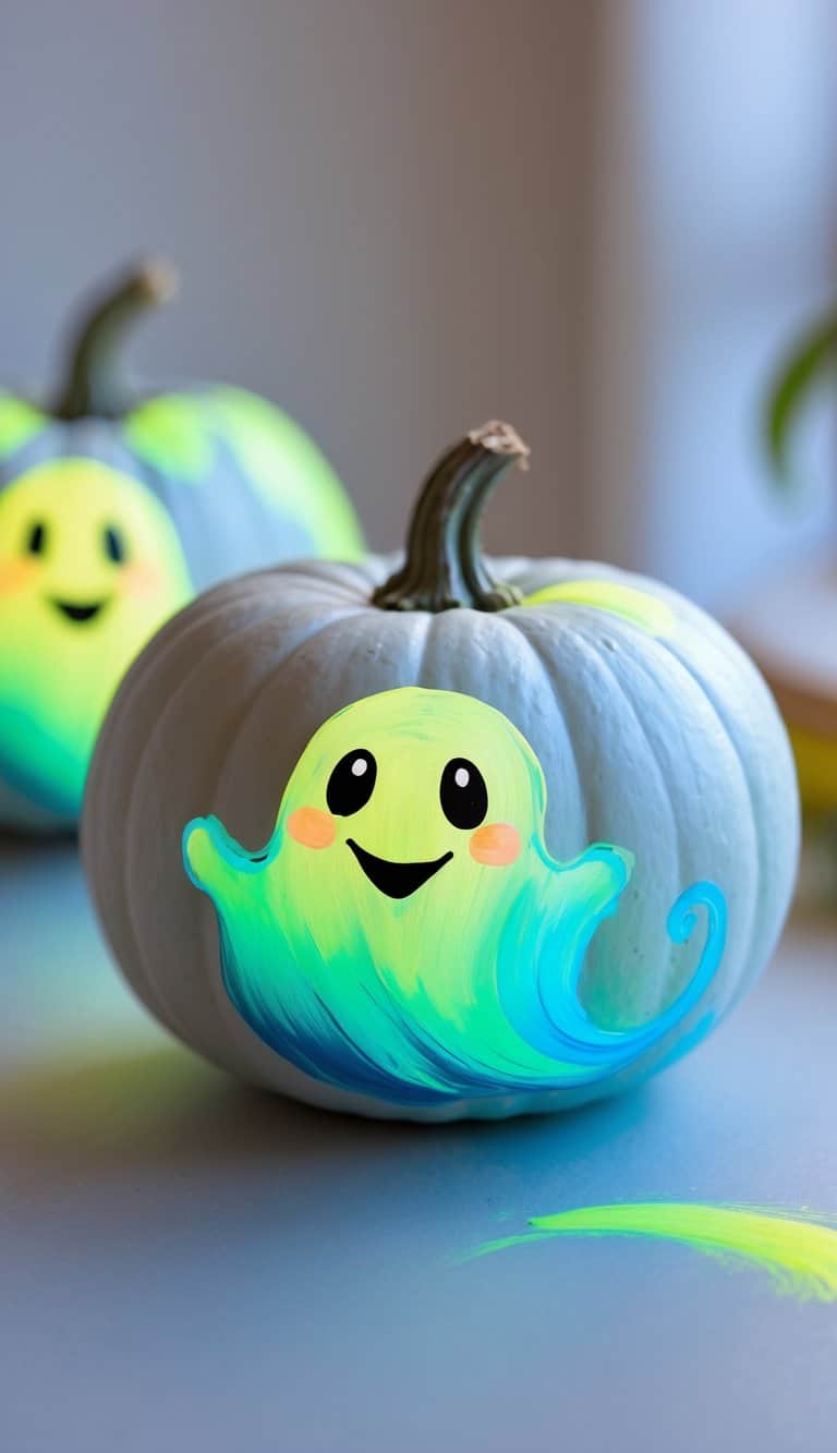 Close-up of one to two small pumpkins painted with glowing ghost faces on a tabletop.