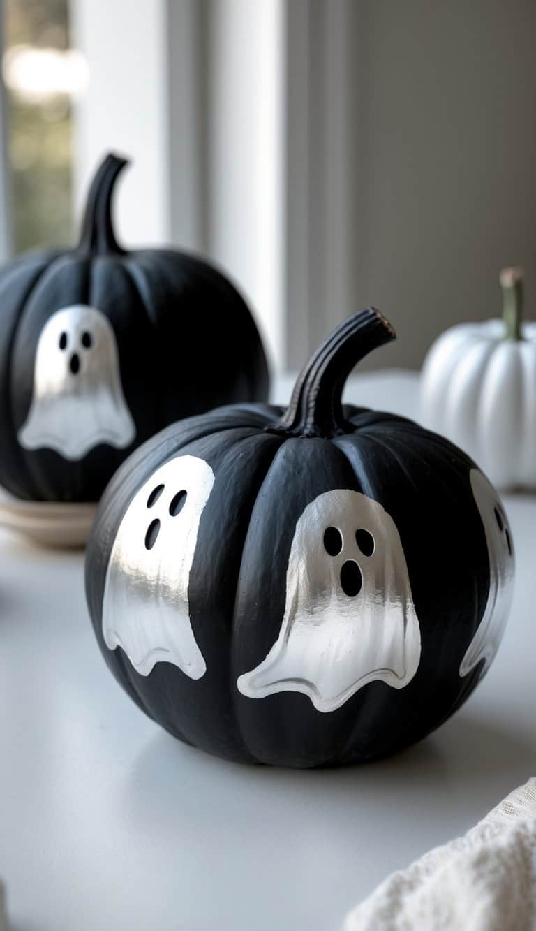 Two black pumpkins on a table with silver ghost outlines painted on them.