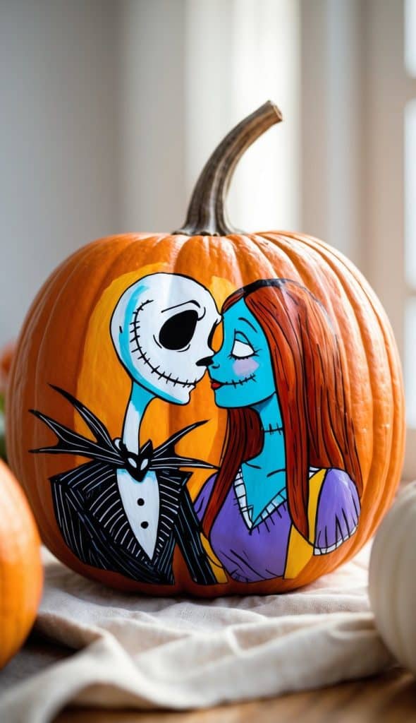 A pumpkin painted with Jack Skellington and Sally from "The Nightmare Before Christmas," shown facing each other affectionately. The artwork is colorful and detailed, set in a bright indoor setting.