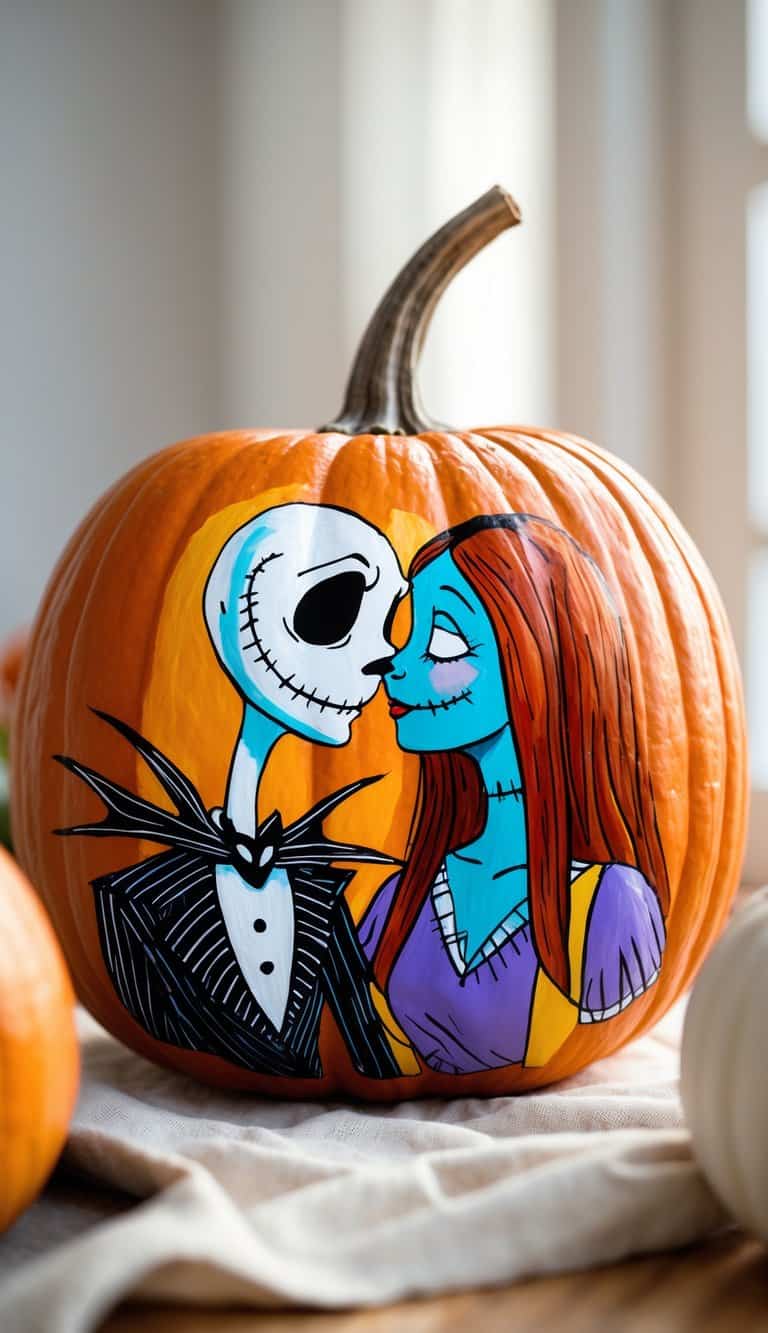 Close-up of one or two hand-painted pumpkins featuring Jack and Sally kissing, placed on a tabletop.