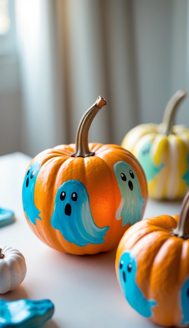One to two pumpkins painted with colorful ghost and floating sheet designs on a tabletop with soft daylight.