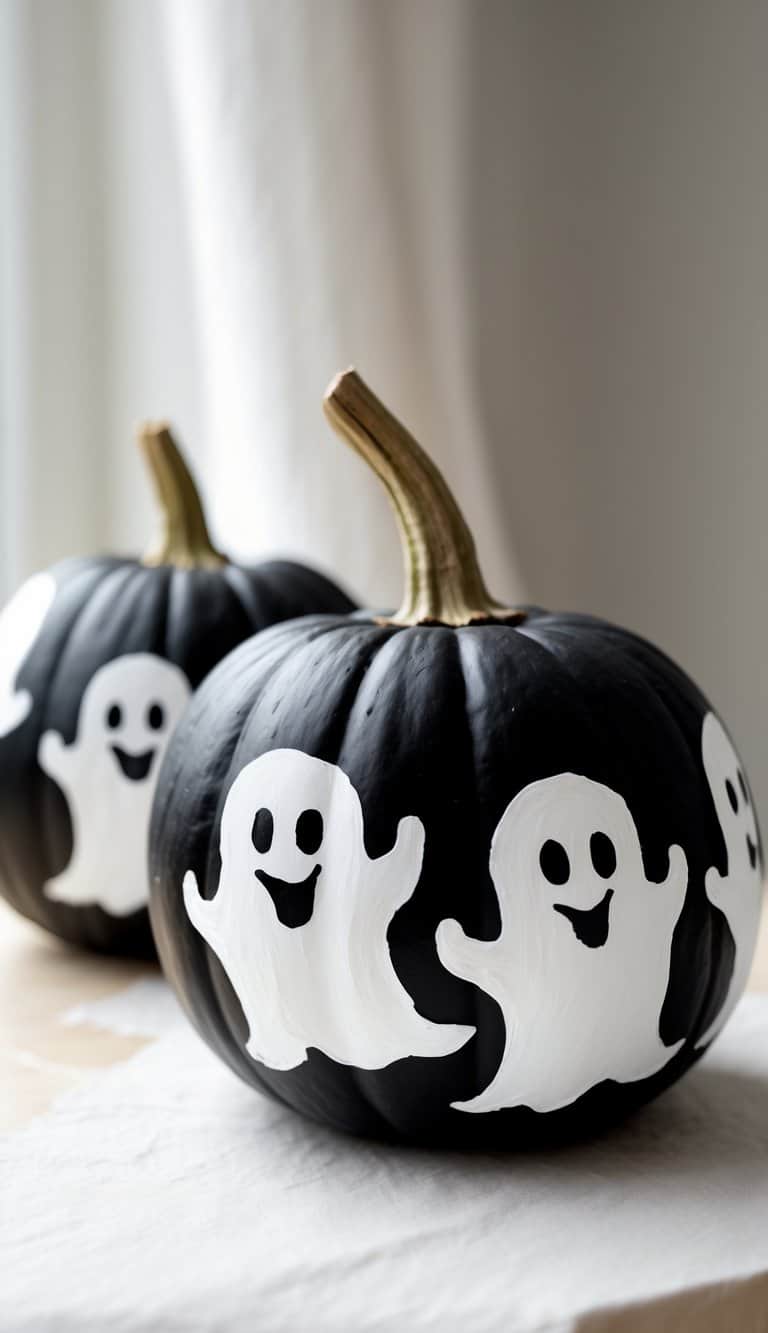 One to two black pumpkins painted with white ghost silhouettes on a tabletop.